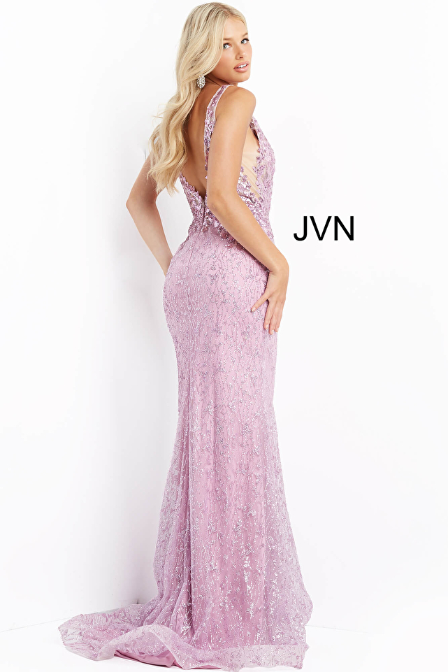 JVN08418 Aqua Glitter and Sequin Embellished Prom Dress
